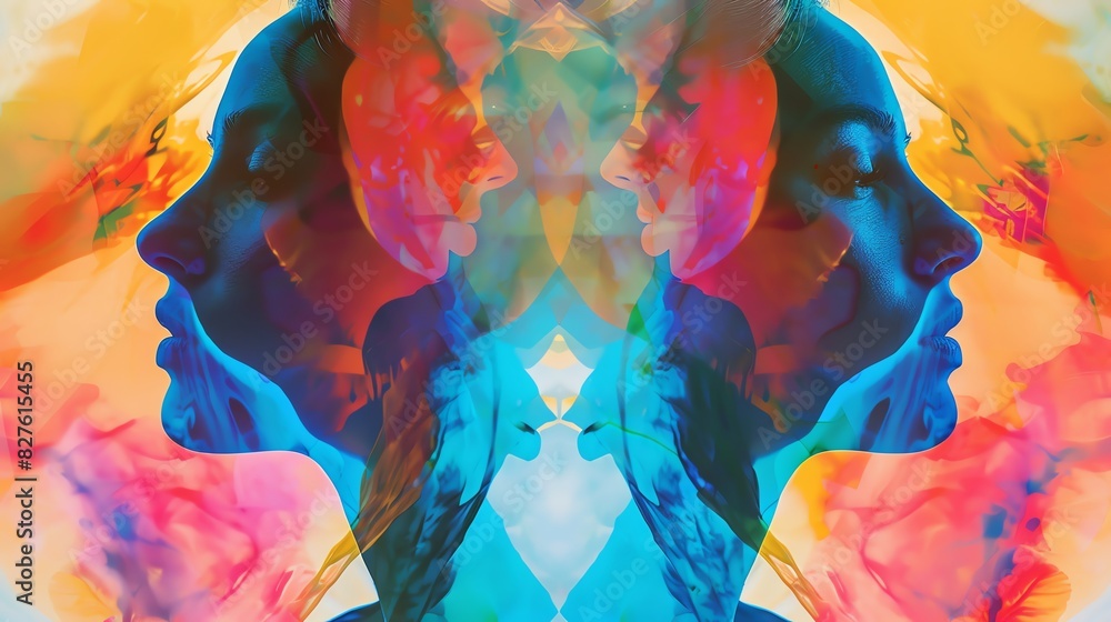 Poster surreal double exposure image featuring overlapping colorful portraits, blending faces into abstract