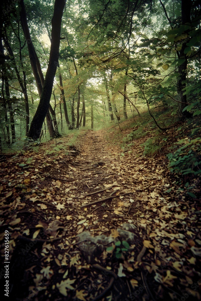 Poster a forest path is shown with a lot of leaves on the ground. the path is surrounded by trees and the l
