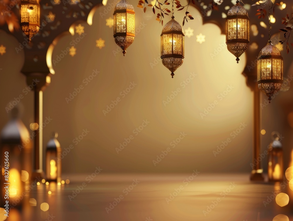 Poster A room with a gold background and a row of lanterns hanging from the ceiling. The lanterns are lit up and create a warm and inviting atmosphere