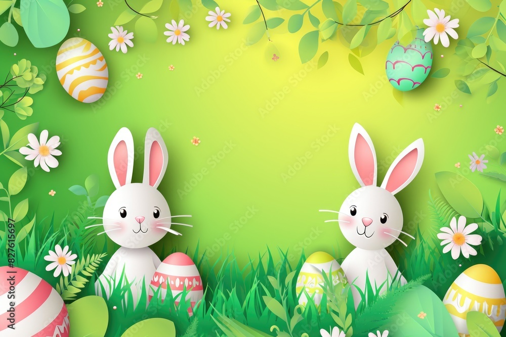 Poster two rabbits are standing in a field of grass with a bunch of easter eggs scattered around them. the 