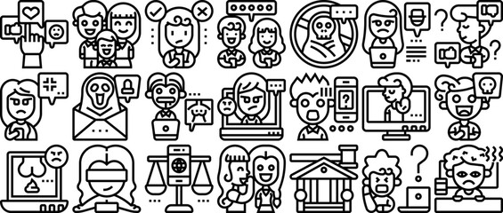 A Collection Of Cyberbullying Line Vector Symbols Apps, Websites Ui Designs Suitable For Media,Comments,Block,Ghost,Internet Vector Icon Set Linear Pictogram Pack