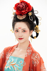 A woman wearing ancient Chinese clothing against a white background.