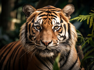 Fototapeta premium AI-generated tiger's head in jungle setting