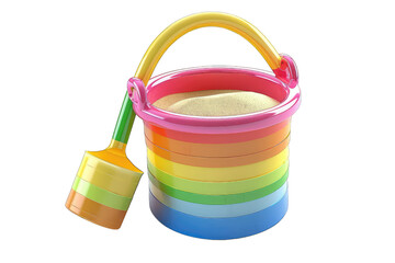 Colorful rainbow sand bucket with matching shovel filled with sand on transparent background