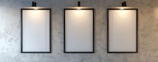 A trio of white frames with dark borders on a wall with a plaster stucco texture in a modern architectural firm, each centrally spotlighted 