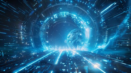 Obraz premium Energy blue background. Technological background for design on the topic of artificial intelligence, neural networks, big data. Copy space. Design of albums, notebooks, banners, postcards, posters