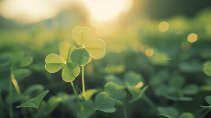 A green clover with three leaves is in the foreground of a field. The sun is shining on the clover,...