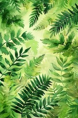 A painting of green leaves and vines with a bright, lively color scheme. The painting evokes a sense of nature and growth, with the leaves and vines representing the beauty