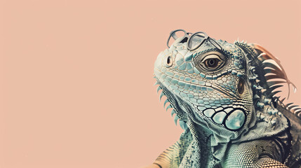 Close-up of a green iguana with glasses on a pastel background, showcasing detailed scales and unique texture.