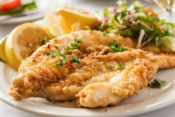 Fried flounder fish fillet with lemon wedges and mixed greens