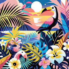 Fototapeta premium Tropical Sunset with Toucan and Flowers