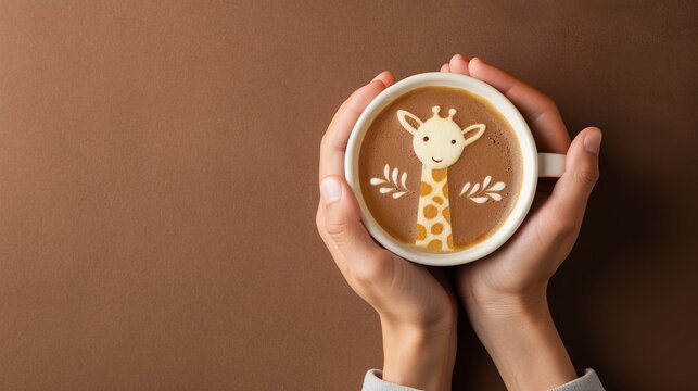 Hand holding a latte with a foam drawing of a cute baby giraffe,Closeup holding coffee cup, top view angle on isolated brown background