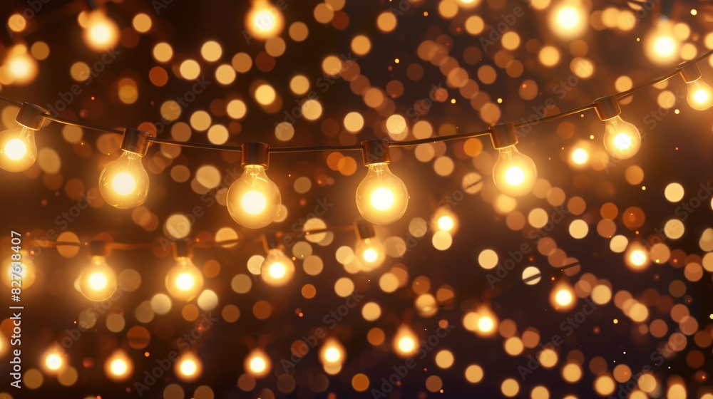 Poster a string of lights with a blurry background. the lights are twinkling and the background is blurry, 