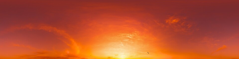 Fototapeta premium 360 panorama of glowing sunset sky with bright pink Cirrus clouds. HDR 360 seamless spherical panorama. Full zenith or sky dome sky replacement for aerial drone panoramas. Climate and weather change.