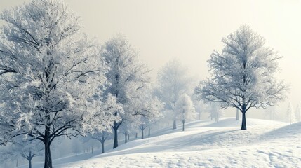 Obraz premium A snowy hillside with trees covered in snow. The scene is peaceful and serene, with the snow covering the ground and the trees creating a beautiful contrast against the white background