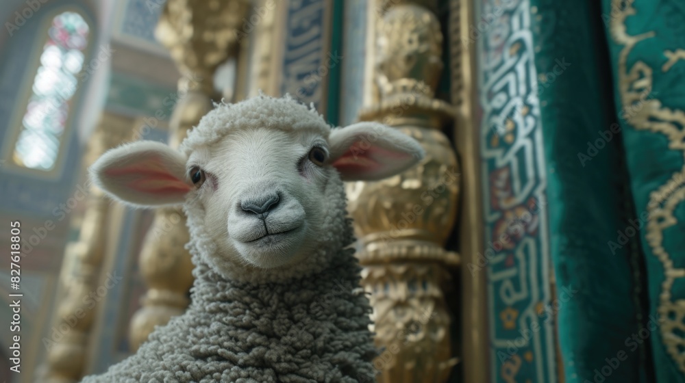 Poster a sheep is standing in front of a gold and green curtain. the sheep is looking at the camera with a 
