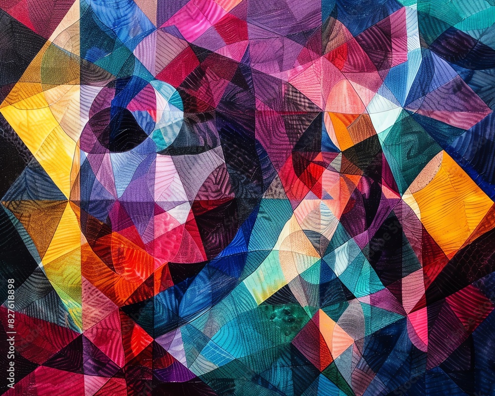 Poster vibrant geometric abstract art with overlapping shapes in bold and vivid colors creating a dynamic, 