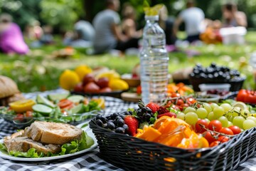 Outdoor feast with friends, featuring a diverse array of foods and drinks on a sunny day, epitomizing casual summer dining