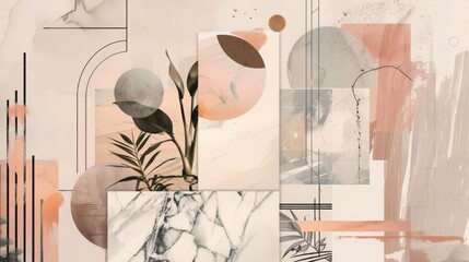 Abstract Geometric Collage with Earthy Tones and Marble Texture Elements for Modern Design Posters or Prints