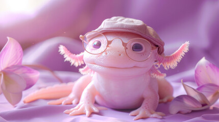 Cute axolotl wearing glasses and a hat, surrounded by flowers on a purple background, creating a charming and whimsical scene.