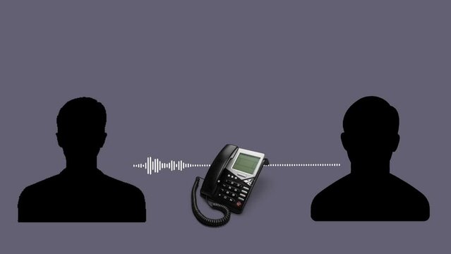 Silhouettes of two unknown men talking on a landline phone. Sound visualizer, audio spectrum. Free space for text.