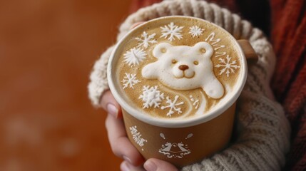 Hand holding a latte with a cute polar bear and snowflakes foam art,Closeup holding coffee cup, top view angle on isolated brown background