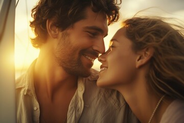 A man and a woman are kissing each other. The man is smiling and the woman is smiling as well. Scene is happy and romantic