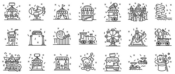 Set Of Amusement Park Collection Vector Symbols Apps, Websites Ui Designs Suitable For Ghost-House,Haunted-House,Carnival,Amusement-Parks,Theme-Parks Vector Icon Set Linear Pictogram Pack