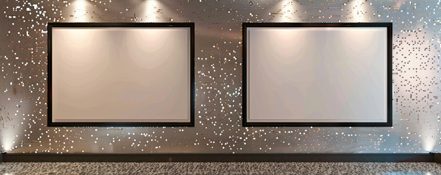 In a contemporary architectural studio, two white frames with dark borders are displayed against a wall with a shimmering sequin finish. 