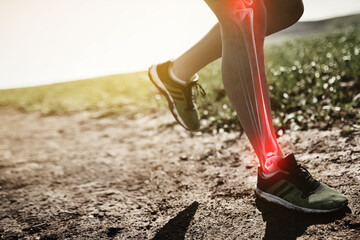 Man, legs and fibromyalgia pain for running, outdoor and bone or joint injury in countryside or...