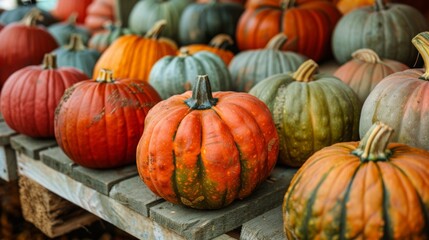 Close-up View of Colorful Pumpkins with Various Shapes and Textures in Rustic Autumn Market