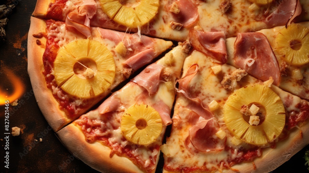 Poster a pizza with pineapple and ham toppings is cut into slices. the pizza is placed on a dark surface, a