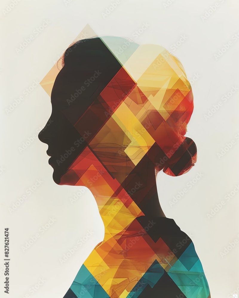 Poster artistic silhouette of a woman with vibrant geometric patterns, blending abstract shapes and colors 