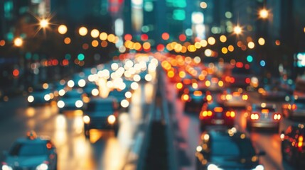 Fototapeta premium A blurry photo of a busy city street with cars and lights. Scene is busy and chaotic, with the cars moving quickly and the lights creating a sense of movement and energy