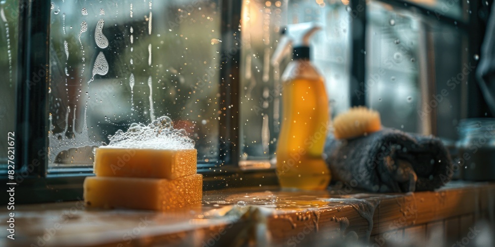 Poster a window sill with a bottle of shampoo and a bar of soap