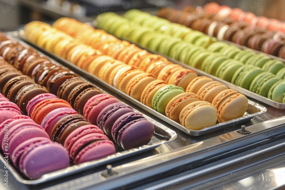 Aufkleber a tray of assorted colored macarons is displayed in a bakery. the macarons are arranged in rows, wit