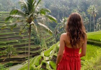 A young woman in a red dress admires the stunning Tegalalang rice terrace in Bali, Indonesia.