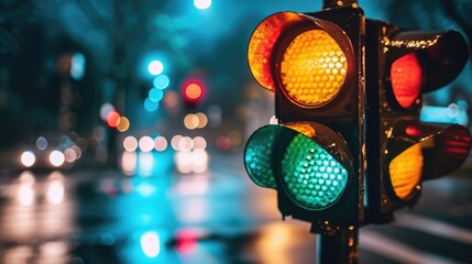 A traffic light with a green light is lit up in the rain