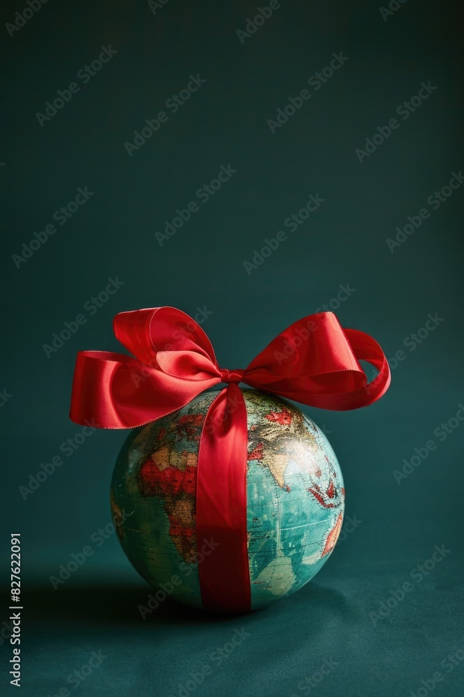 Poster a globe with a red ribbon tied around it. the globe is decorated with a red ribbon and is placed on 