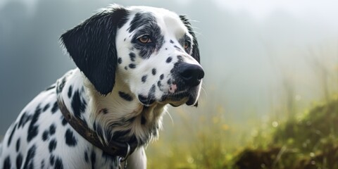A black and white dog with white spots is looking at the camera. The dog is wearing a collar and he is calm and relaxed