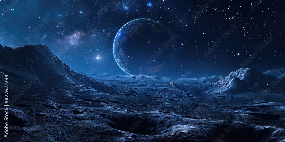 Poster a planet with a blue sphere on it is surrounded by stars. the sky is dark and the planet is the only