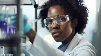 African-American Female Scientist in Laboratory – Conducting Research and Experiments. a laboratory setting, focused on conducting research, analyzing samples, or performing experiments