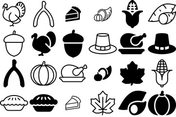Set Of Thanksgiving Icont Event Icons Silhouette Vector Logo Design Containing Food,Turkey,Thanksgiving,Harvest,Chicken Stroke Icon Collection. Vector Illustration