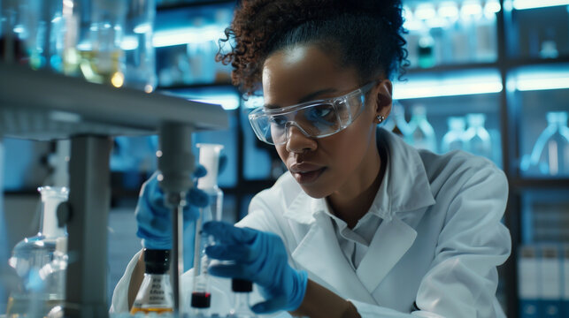 African-American Female Scientist in Laboratory – Conducting Research and Experiments. a laboratory setting, focused on conducting research, analyzing samples, or performing experiments