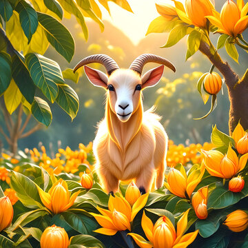 Cute goat in beautiful champak flower garden