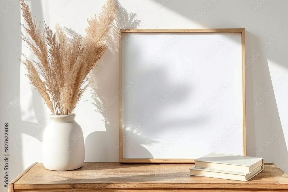 Aufkleber a white framed picture sits on a wooden table next to a vase of dried grass. the empty frame and the