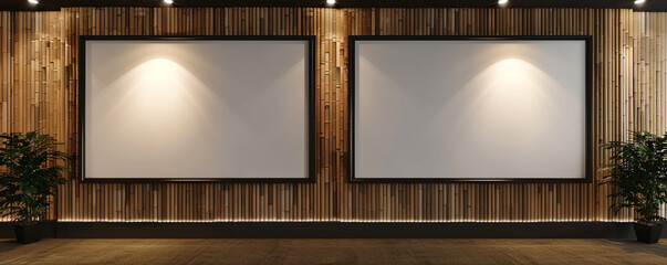 Inside a contemporary architectural studio, two white frames with dark borders are displayed against a wall with a bamboo texture. 