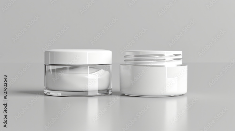 Poster two empty jars of cream sit on a table. the jars are clear and white, and they appear to be empty. t