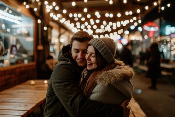 A couple is hugging each other in front of a restaurant. The man is wearing a black jacket and the woman is wearing a hat. The scene is set in a city at night with lights and people in the background