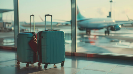 Two blue suitcases are sitting next to each other in front of an airplane. Scene is that of travel and adventure, as the suitcases are likely being prepared for a trip